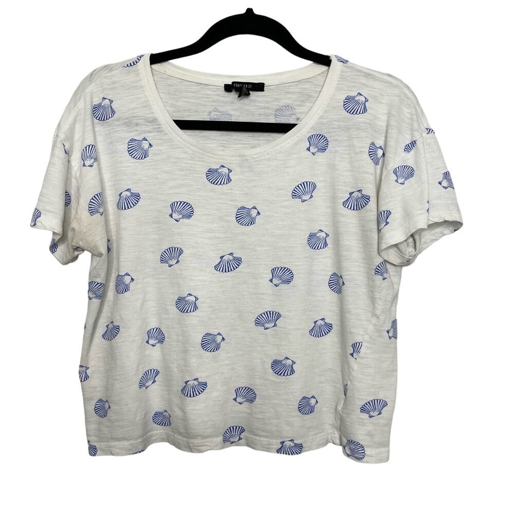 Forever 21 White Blue Seashell Print Boxy Crop Tee Shirt Beach Mermaid Summer M